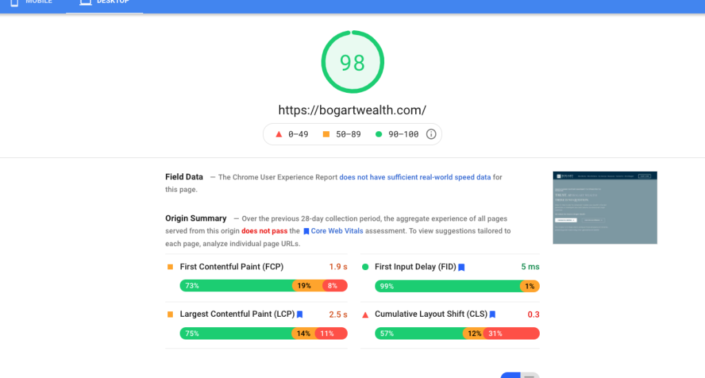 Bogart Wealth Google PageSpeed Insights Score After Optimization 7 14 21