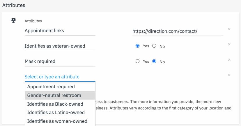 Google Business Profile Attributes in Direction Local