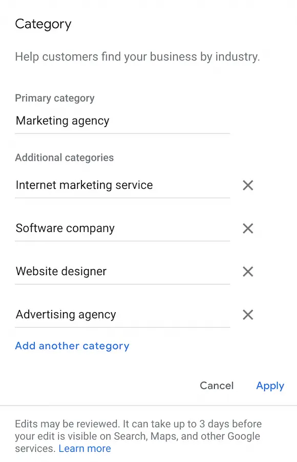 Google Business Categories for Direction.com