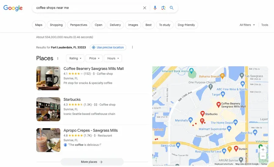 Voice search results for "Coffee Shop Near Me"