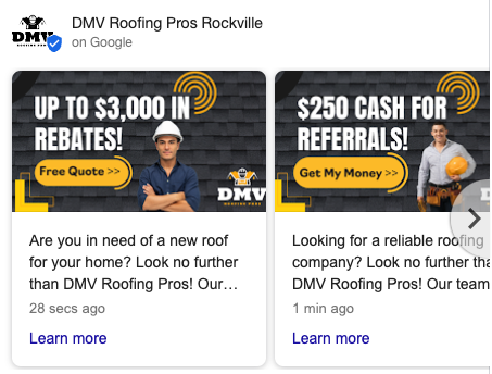 Google Business Posts from a roofing company