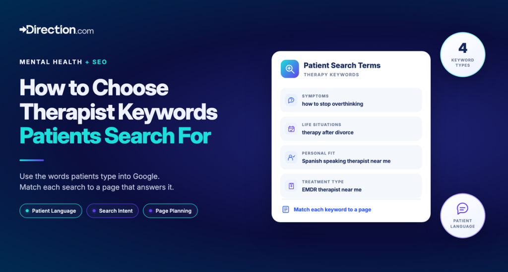 Therapist keyword search card with examples grouped by symptoms, life situations, personal fit, and treatment.