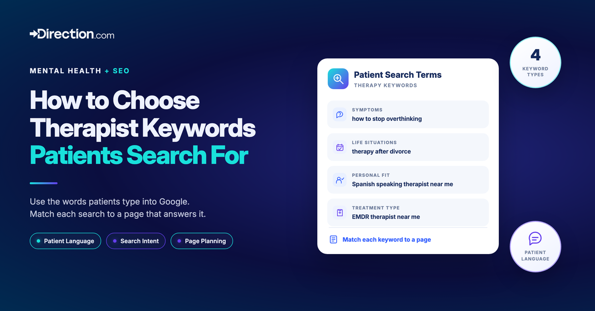 Therapist keyword search card with examples grouped by symptoms, life situations, personal fit, and treatment.