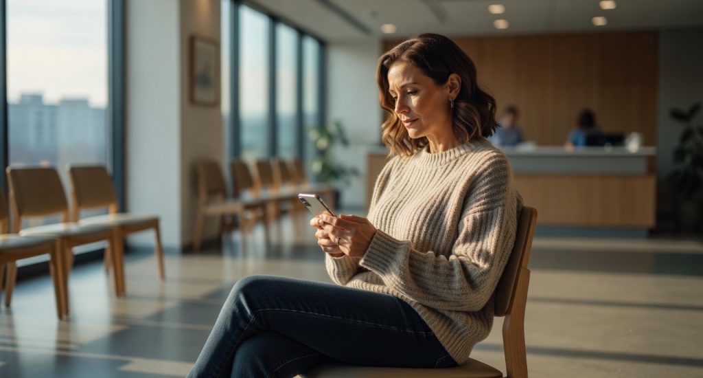 Patient in a medical waiting room searching on their phone - representing the patient journey that healthcare SEO is built to intercept