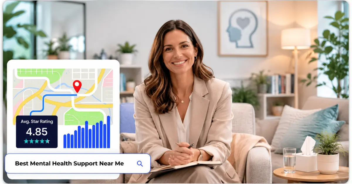 Mental health therapist in a modern counseling office with a digital marketing search interface showing client ratings, local search visibility, and mental health support branding.