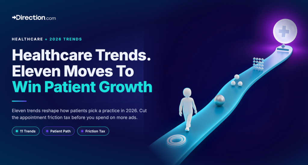 Abstract patient journey path leading through healthcare marketing touchpoints toward a booked appointment, illustrating 2026 healthcare marketing trends.