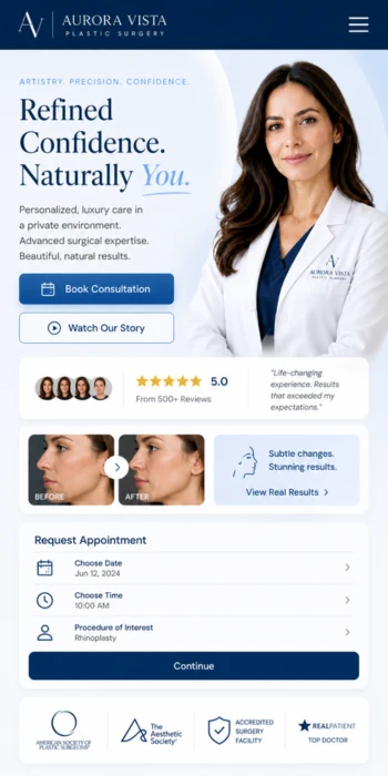 Aurora Vista Plastic Surgery mobile website design mockup