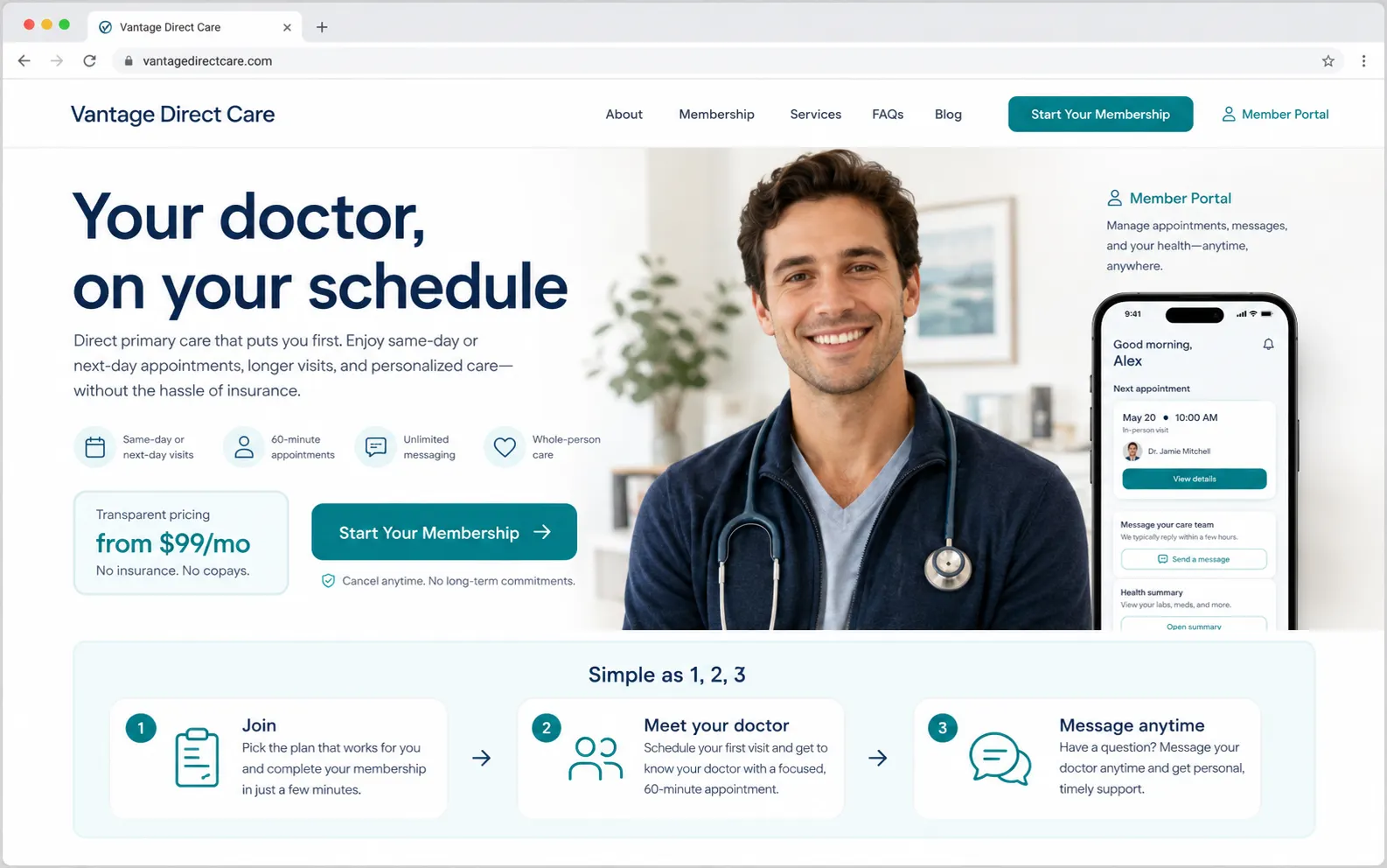Vantage Direct Care direct primary care website design mockup, desktop view