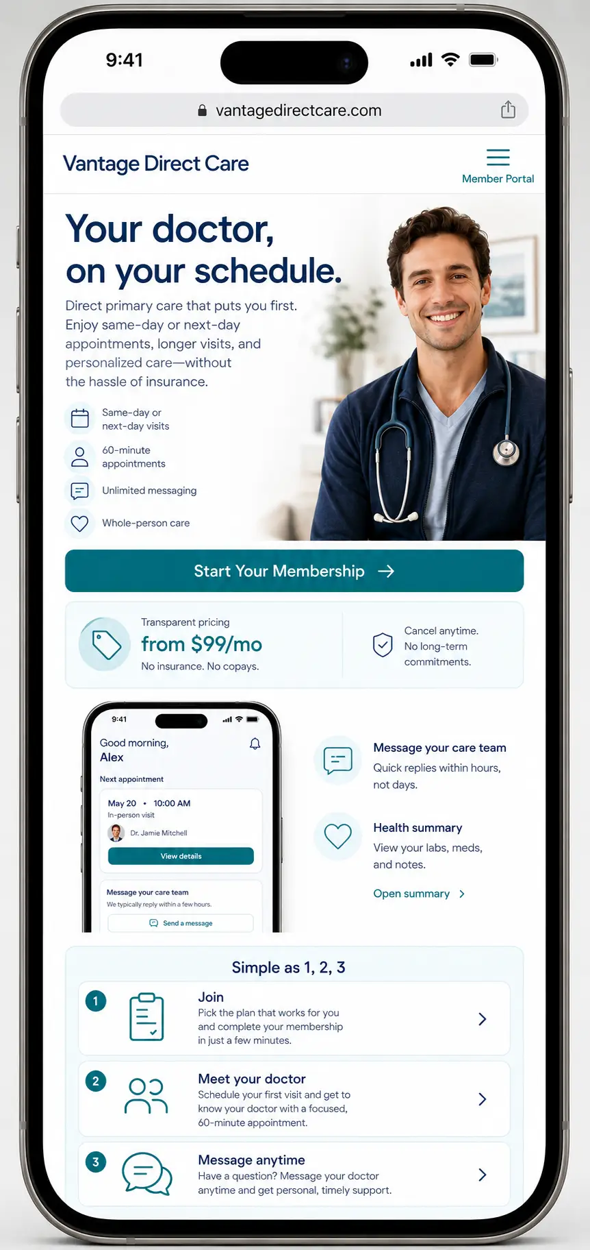 Vantage Direct Care direct primary care website design mockup, mobile view
