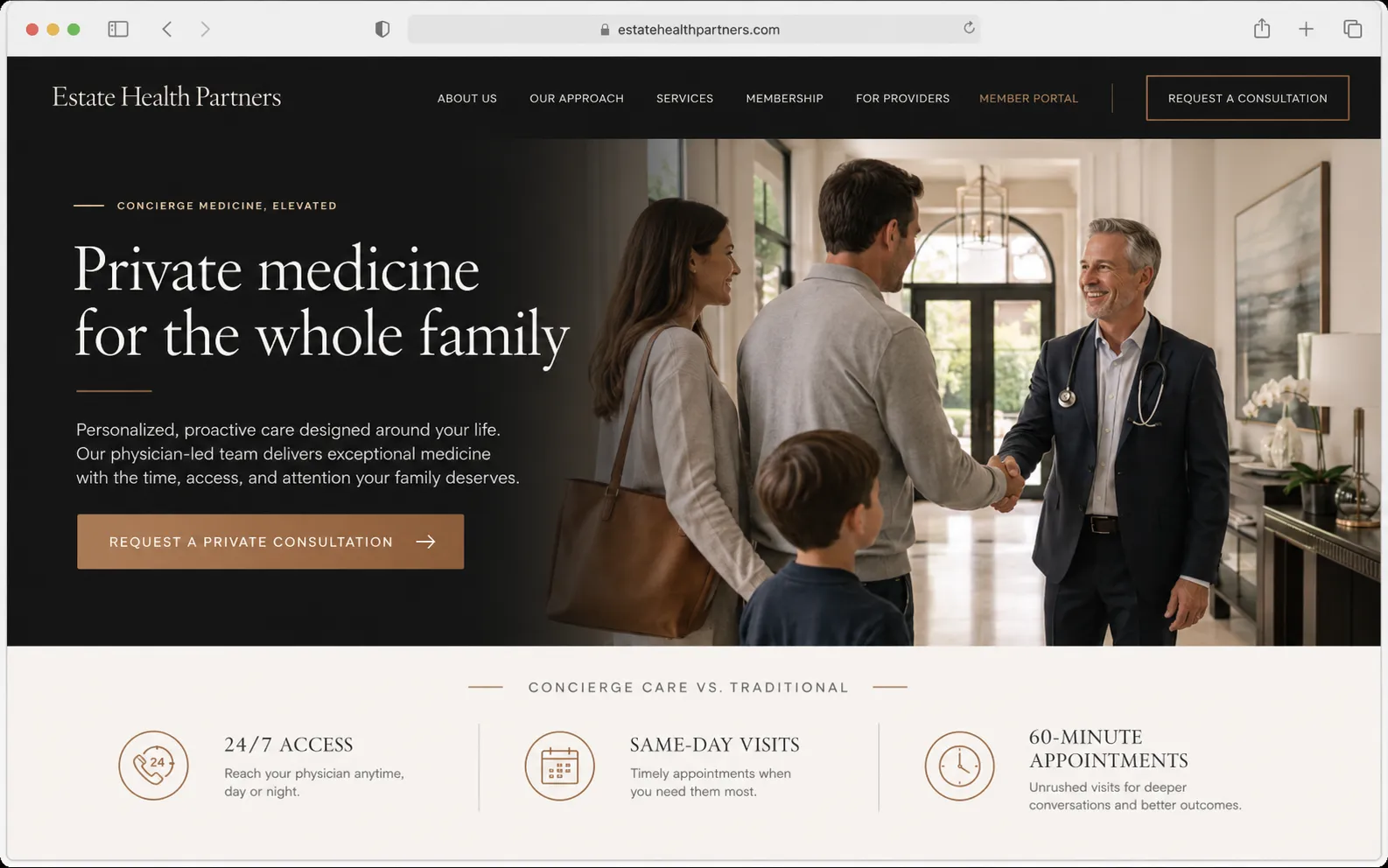 Estate Health Partners family concierge medicine website design mockup, desktop view