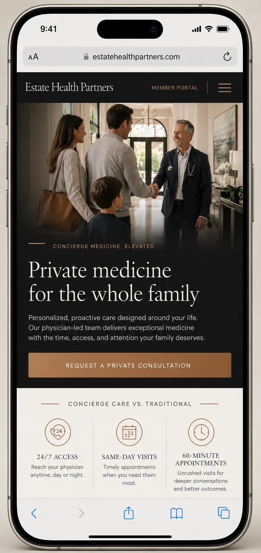 Estate Health Partners family concierge medicine website design mockup, mobile view