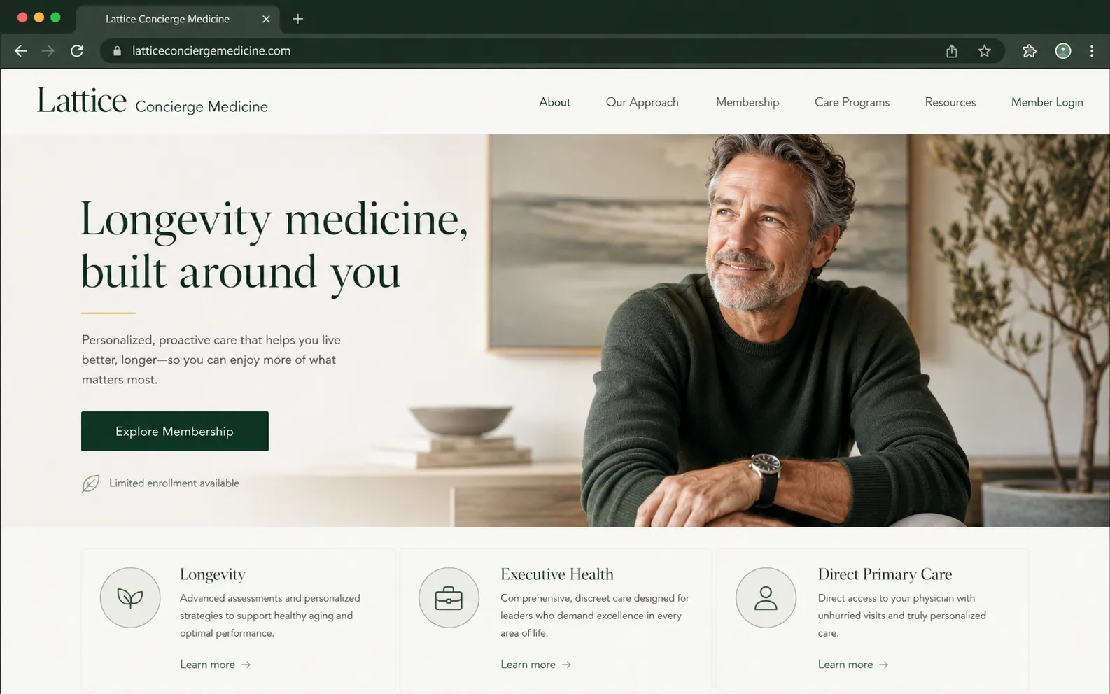 Lattice Concierge Medicine longevity medicine website design mockup, desktop view