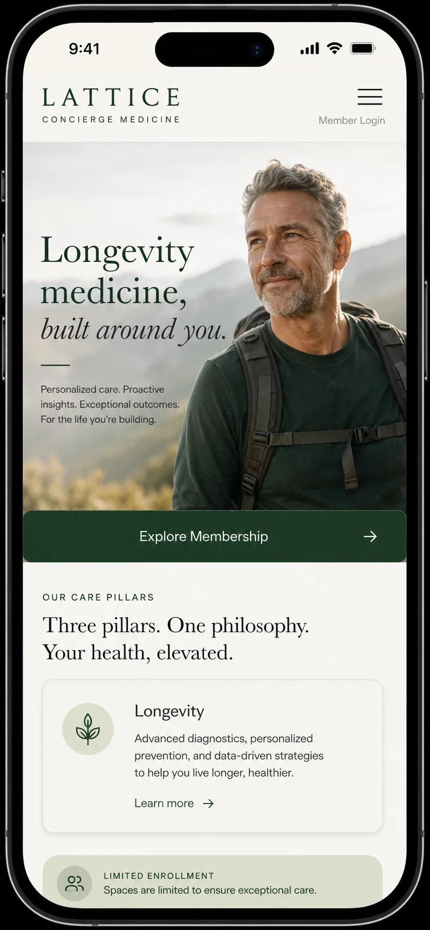 Lattice Concierge Medicine longevity medicine website design mockup, mobile view