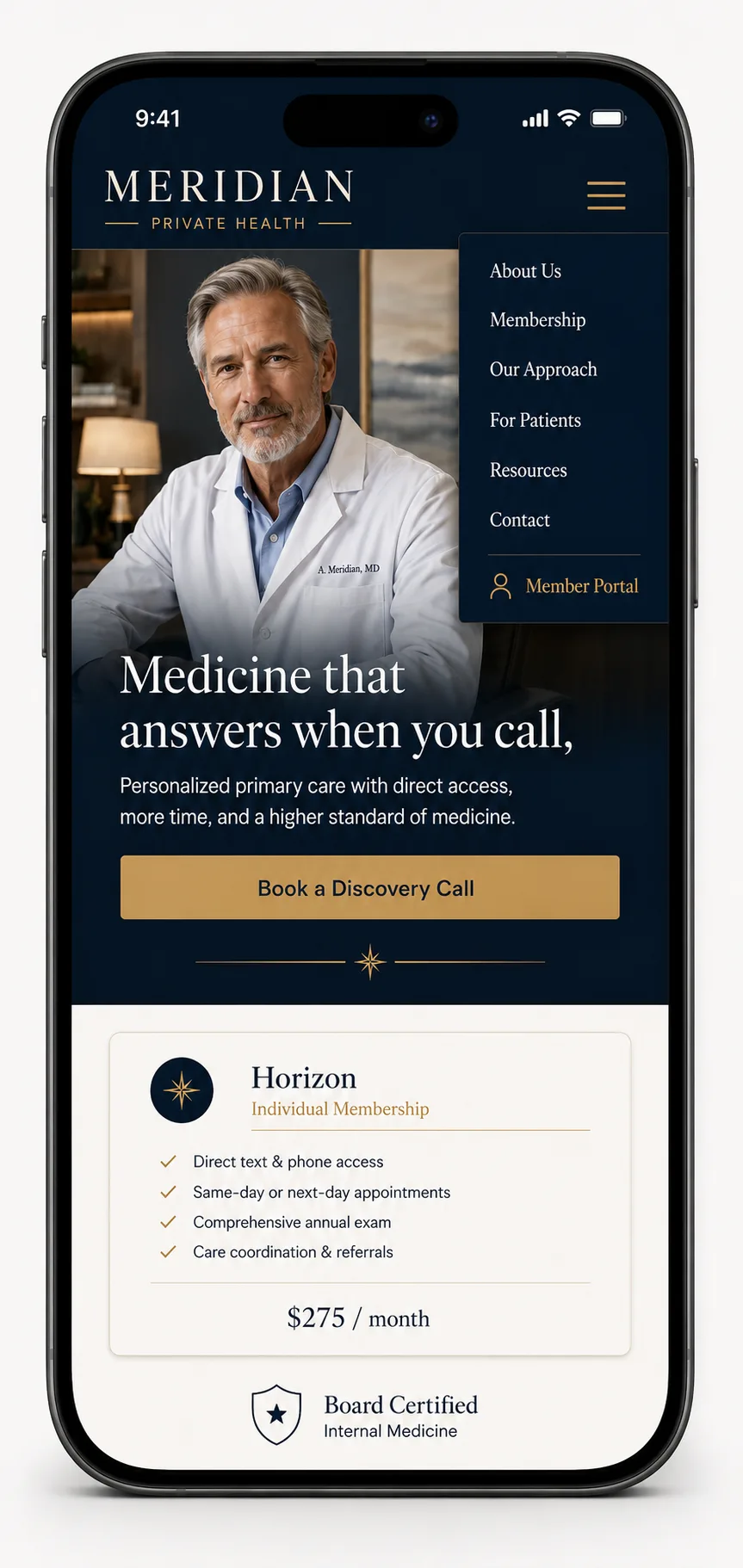 Meridian Private Health concierge medicine membership website design mockup, mobile view