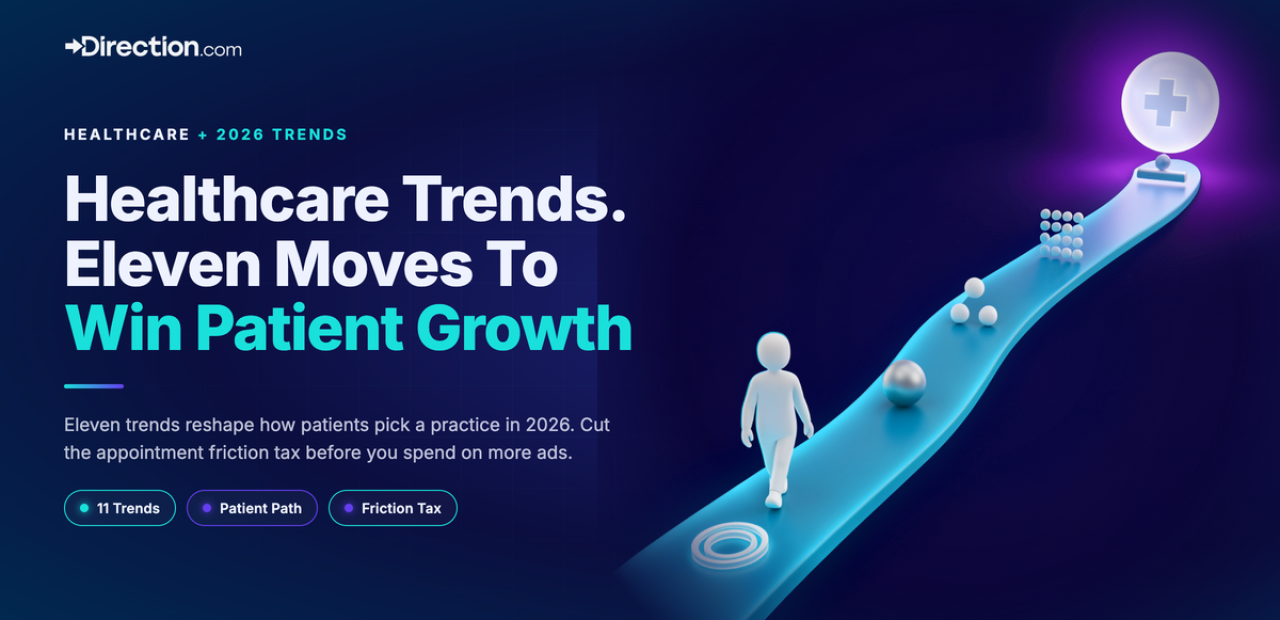 Abstract patient journey path leading through healthcare marketing touchpoints toward a booked appointment, illustrating 2026 healthcare marketing trends.